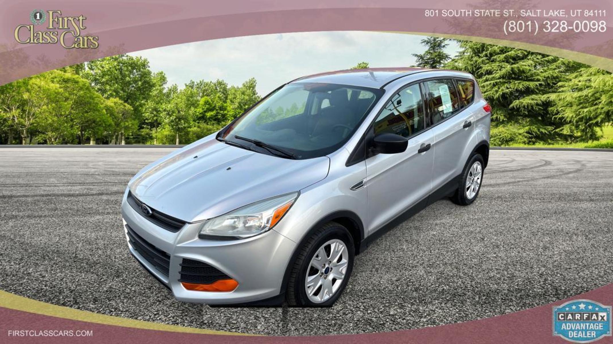 2014 Silver Sky Metallic /Black Ford Escape S (1FMCU0F75EU) with an 4 Cylinder 2.5L engine, AUTOMATIC transmission, located at 801 South State Street, Salt Lake City, UT, 84111, (801) 328-0098, 40.751953, -111.888206 - Perfect commuter car great gas mileage! FREE CAR FAX AND FREE AUTO CHECK on EVERY CAR know the car before you buy only at First Class Cars.Our service department is OPEN DAILY to help with any of your service needs. Please call for immediate appointment! Features: -ABS Brakes -AM/FM Stereo -Air C - Photo #0