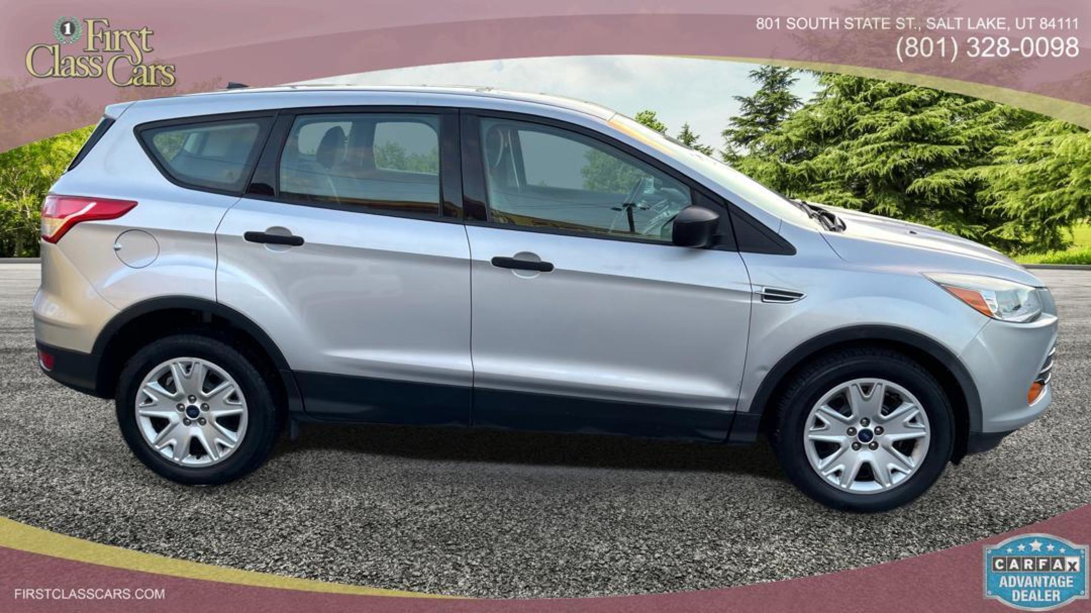 2014 Silver Sky Metallic /Black Ford Escape S (1FMCU0F75EU) with an 4 Cylinder 2.5L engine, AUTOMATIC transmission, located at 801 South State Street, Salt Lake City, UT, 84111, (801) 328-0098, 40.751953, -111.888206 - Perfect commuter car great gas mileage! FREE CAR FAX AND FREE AUTO CHECK on EVERY CAR know the car before you buy only at First Class Cars.Our service department is OPEN DAILY to help with any of your service needs. Please call for immediate appointment! Features: -ABS Brakes -AM/FM Stereo -Air C - Photo #2