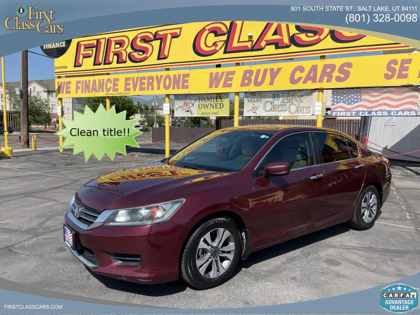2013 Salsa Red Pearl /Tan Honda Accord LX Sedan CVT (1HGCR2F30DA) with an 2.4L L4 DOHC 16V engine, Continuously Variable Transmission transmission, located at 801 South State Street, Salt Lake City, UT, 84111, (801) 328-0098, 40.751953, -111.888206 - Clean title! Hard to find in immaculate condition inside and out! Real nice 4 door sedan!!! Features: Am/Fm/Cd, Aux input, Automatic, BlueTooth, 4 cylinder engine, Alloy wheels, newer tires!, cruise control, power windows, power locks, power mirrors, Cloth seats, equiped with Honda Earth dreams t - Photo#0