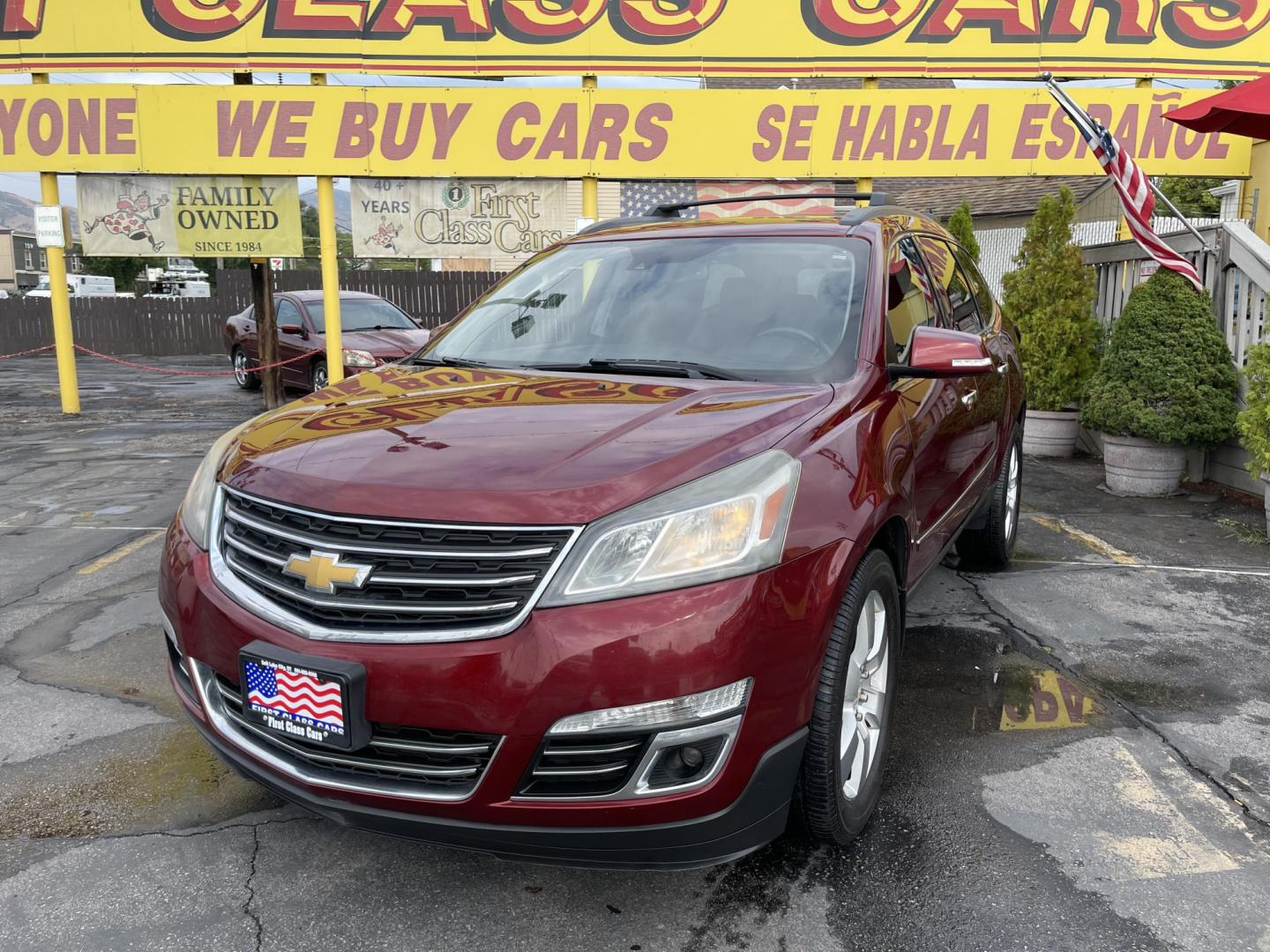 2015 Maroon /Black Chevrolet Traverse LTZ AWD (1GNKVJKD0FJ) with an 3.6L V6 DOHC 24V engine, 6-Speed Automatic transmission, located at 801 South State Street, Salt Lake City, UT, 84111, (801) 328-0098, 40.751953, -111.888206 - AWD, Clean title!!! Must see in great condition for the year, make and miles! Comes with all wheel drive and is loaded with lots of adds. Equipped with rear entertainment and rear a/c ventilation, 3rd row seating for the family great family vehicle! Heated and A/C seats! Vehicle has been inspected b - Photo#1