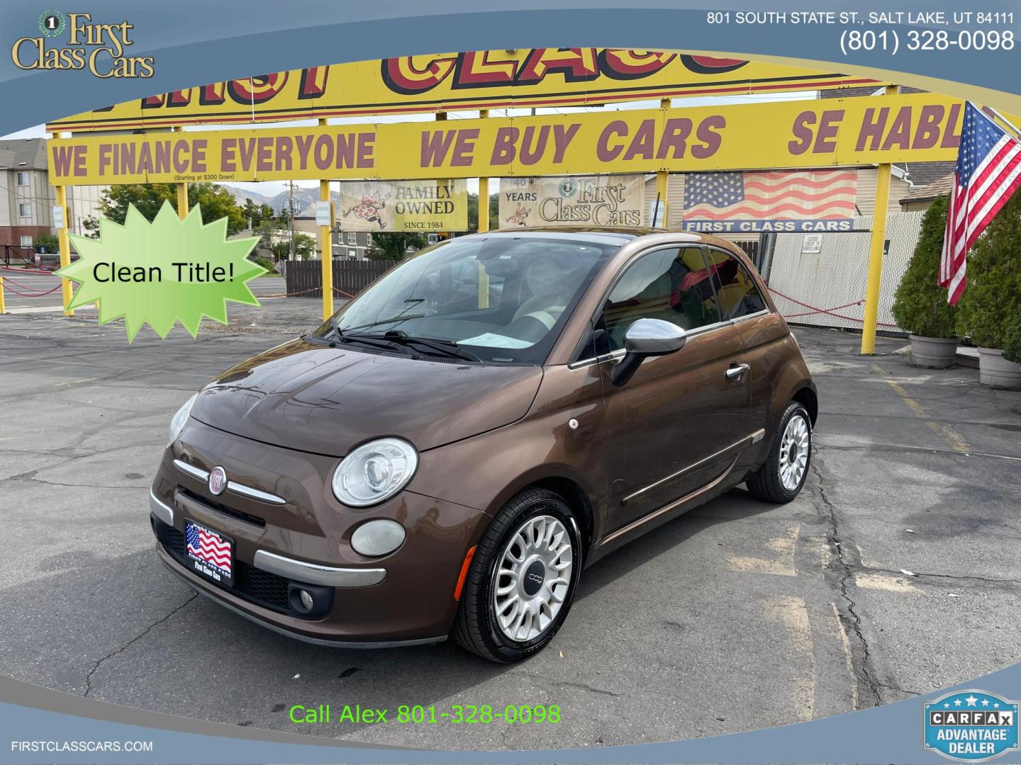 2013 Bamboo Pearl /BROWN Fiat 500 Lounge Hatchback (3C3CFFCR9DT) with an 1.4L L4 engine, 6-Speed Automatic transmission, located at 801 South State Street, Salt Lake City, UT, 84111, (801) 328-0098, 40.751953, -111.888206 - Clean title! No accidents on Carfax! Carfax shows only 2 owners no accidents clean title! Vehicle has been maintained and cared for Carfax show 16 maintenance service records that includes oil changes and maintenance. This has passed all inspections certifications and approved for up to a 5 year war - Photo#0