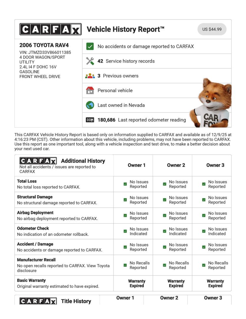 2006 Super White /Gray Toyota RAV4 Base I4 2WD (JTMZD33V866) with an 2.4L L4 DOHC 16V engine, 4-Speed Automatic transmission, located at 801 South State Street, Salt Lake City, UT, 84111, (801) 328-0098, 40.751953, -111.888206 - Clean title! No accidents on Carfax! Clean bill of health Carfax shows this SUV has been maintained and cared for it has been serviced regularly for oil changes and regular maintenance Carfax report shows over 42 service records and no accidents!!! Approved for up to a 5 year warranty passed all ins - Photo#24