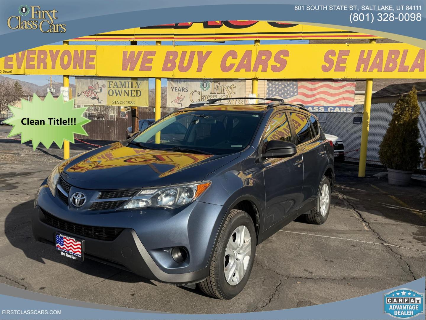 2014 Bluestone Metallic /Black Toyota RAV4 LE AWD (JTMBFREV9ED) with an 2.5L L4 DOHC 16V engine, 6-Speed Automatic transmission, located at 801 South State Street, Salt Lake City, UT, 84111, (801) 328-0098, 40.751953, -111.888206 - Clean title! Great condition inside and out runs great! Good affordable Toyota SUV with AWD (all wheel drive) hard to find in this price range!!! You can buy a 3 month 3,000 mile powertrain warranty and up to 1 year 12,000 miles warranty is available! It has passed all inspections and approved for w - Photo#0
