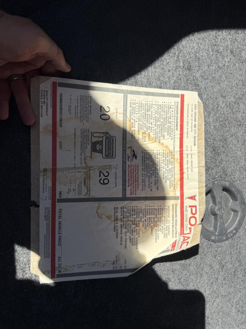 2002 Rallye Red /Black Pontiac Grand AM GT1 sedan (1G2NV52E02C) with an 3.4L V6 OHV 12V engine, 4-Speed Automatic Overdrive transmission, located at 801 South State Street, Salt Lake City, UT, 84111, (801) 328-0098, 40.751953, -111.888206 - Certified Carfax 1-Owner car!!! Clean title! No accidents on Carfax! Immaculate condition inside and out for the year. Hard to find this clean in this condition, vehicle has been meticulously maintained and cared for. Certified for up to a 5 year bumper warranty that can be added onto the vehicle, a - Photo#29