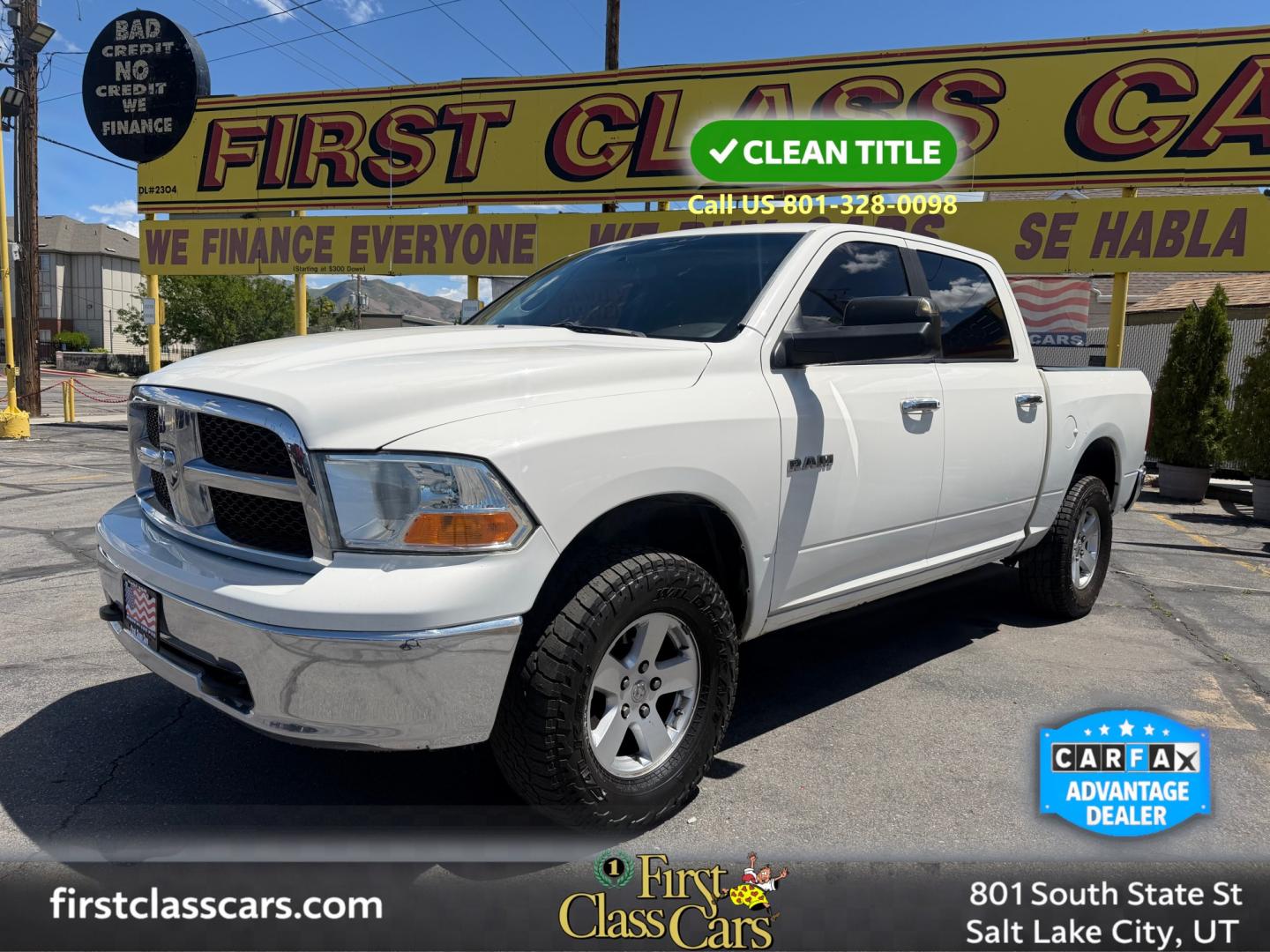 2009 Super White /Tan Dodge Ram 1500 SLT Crew Cab 4WD (1D3HV13P49S) with an 4.7L V8 SOHC 16V FFV engine, 5-Speed Automatic transmission, located at 801 South State Street, Salt Lake City, UT, 84111, (801) 328-0098, 40.751953, -111.888206 - Seats up to 6 People! Folding Armrest! Clean Title! Clean Carfax! Carfax shows regular service was performed and maintained. Nice affordable 4x4 truck great summer time truck for towing or winter truck for 4x4 as well! Passed all inspections already by a certified mechanic and has been approved for - Photo#0